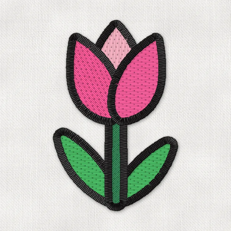 Diseño de bordado de un tulipán rosa con un pétalo interior rosa pálido, tallo verde oscuro y dos hojas largas