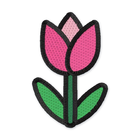 Broderifil med en rosa tulipan med et blekt rosa indre kronblad, en mørkegrønn stilk og to lange blader