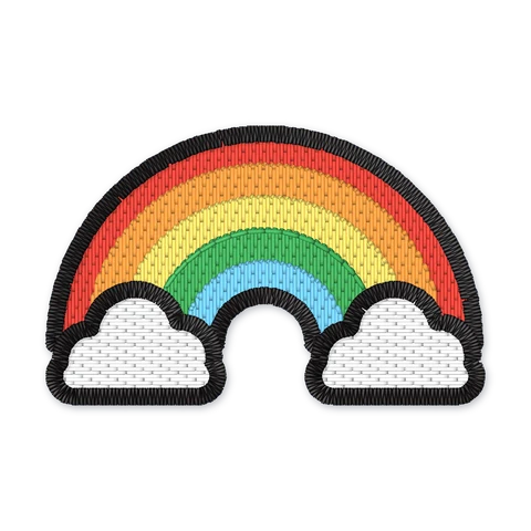 Stickdatei mit einem fünffarbigen Regenbogen, der sich zwischen zwei weißen Wolken wölbt