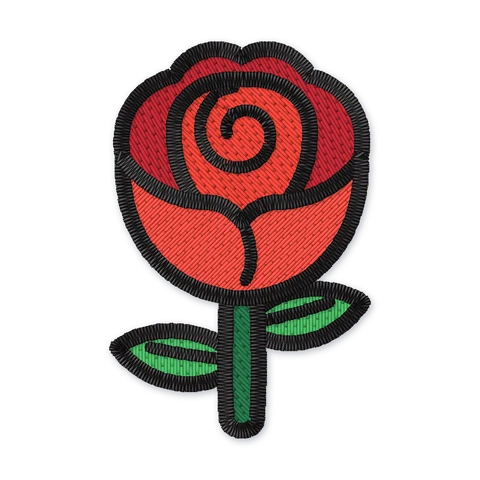 Broderifil med en rød rose med en snoet knop, en grøn stilk og to blade