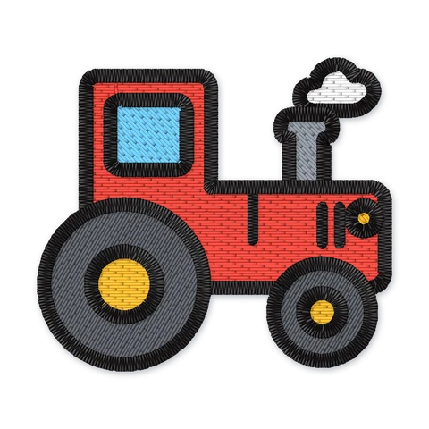 Stickdatei mit einem roten Traktor mit blauem Fenster, großen grauen Rädern und einer Rauchwolke