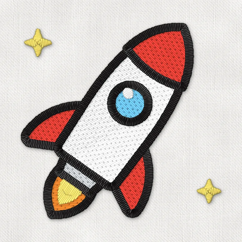 Diseño de bordado de un cohete blanco y rojo, estilo dibujo animado, que vuela en diagonal con una llama naranja y destellos amarillos