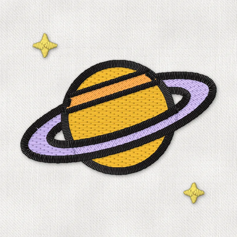 Embroidery design of the planet Saturn in orange and yellow with a lavender ring and two small stars