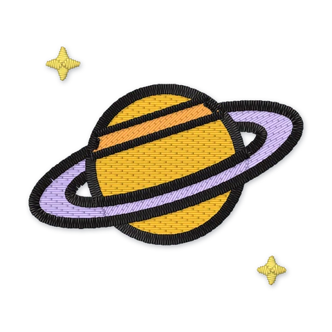 Stickdatei mit dem Planeten Saturn in Orange und Gelb mit lavendelfarbenem Ring und zwei kleinen Sternen
