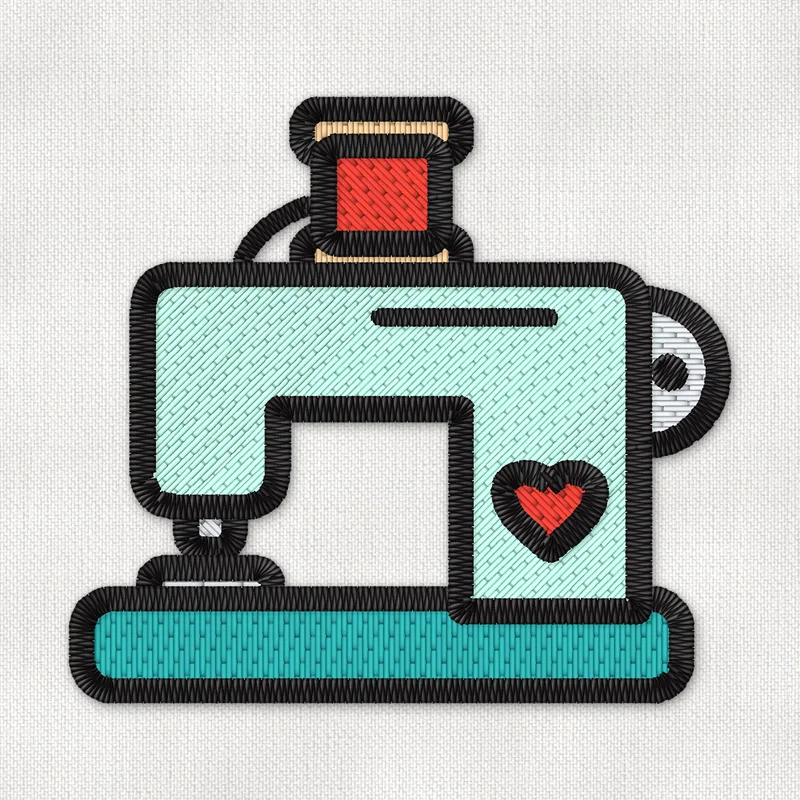 Stickdatei mit einer mintgrünen Retro-Nähmaschine mit roter Garnspule und rotem Herz