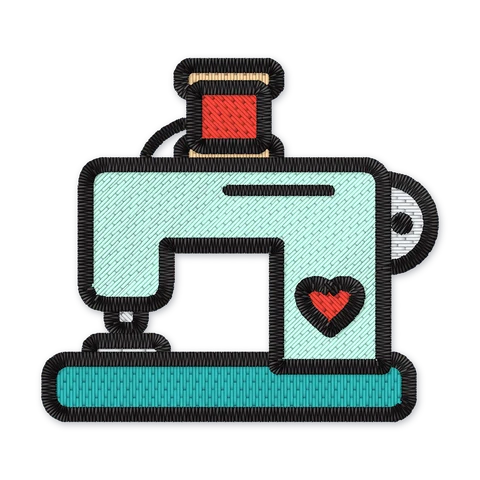 Diseño de bordado de una máquina de coser retro verde menta con un carrete de hilo rojo y un corazón rojo
