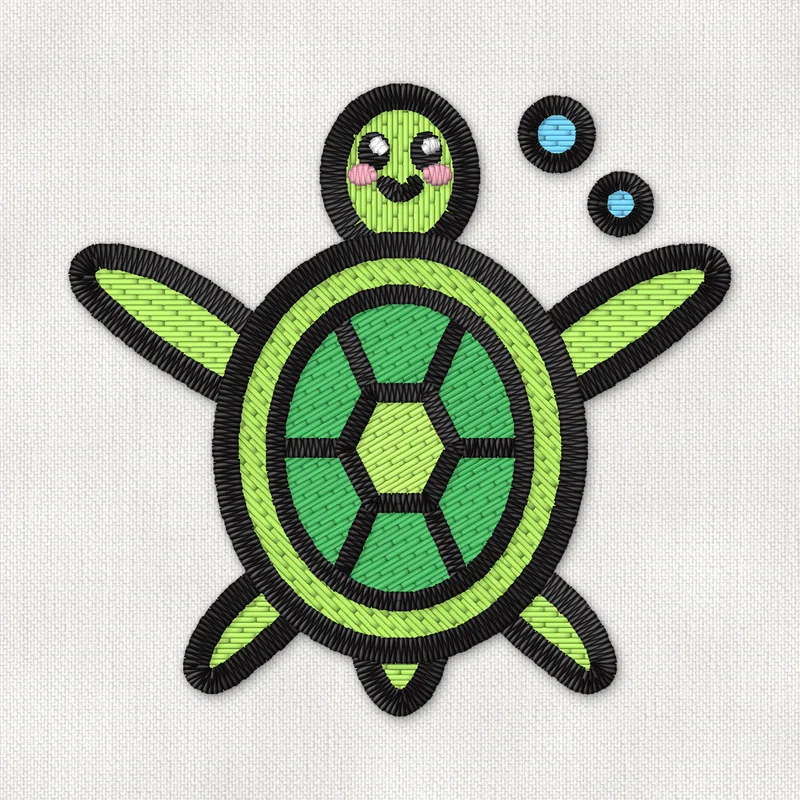 Embroidery design of a cute green sea turtle seen from above with a patterned shell and blue bubbles