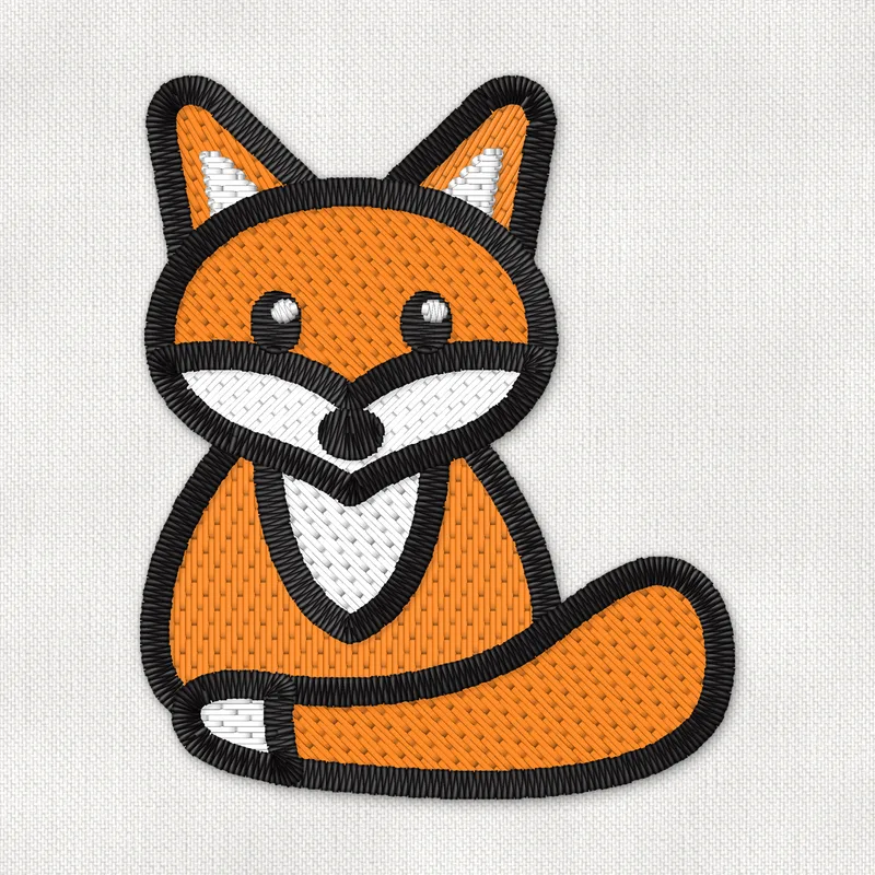 Stickdatei mit einem süßen orangefarbenen Fuchs, der sitzt und den weiß gespitzten Schwanz um sich gelegt hat