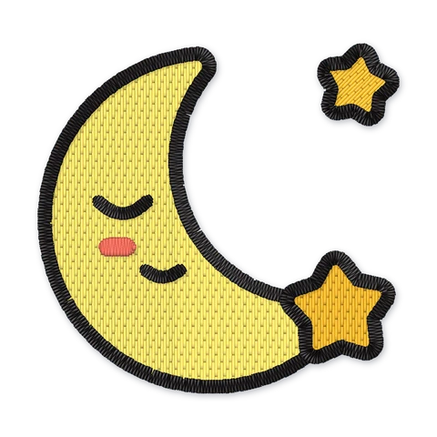 Embroidery design of a sleeping yellow crescent moon with a rosy cheek and two golden stars