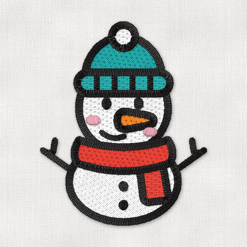 Embroidery design of a smiling snowman with a teal beanie, red scarf, carrot nose and stick arms