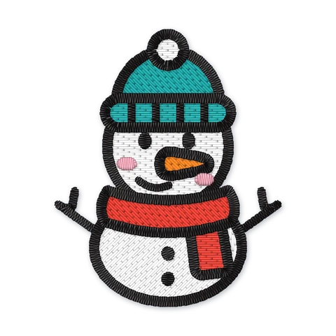 Embroidery design of a smiling snowman with a teal beanie, red scarf, carrot nose and stick arms