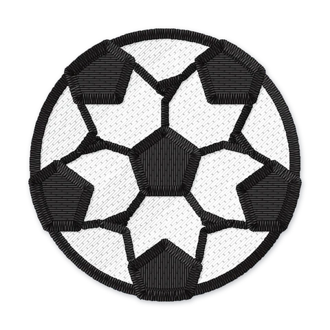 Embroidery design of a black and white soccer ball with pentagon patches