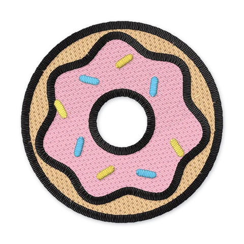 Embroidery design of a donut with pink icing and yellow and blue sprinkles