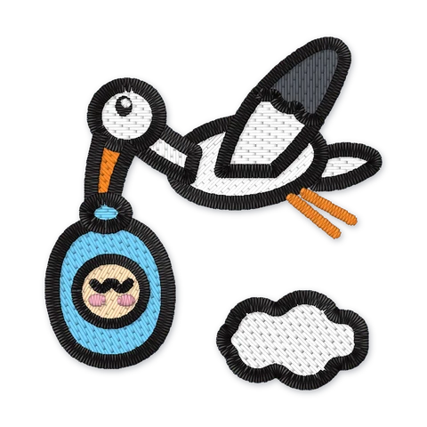 Embroidery design of a white stork flying with a blue baby bundle in its beak above a cloud