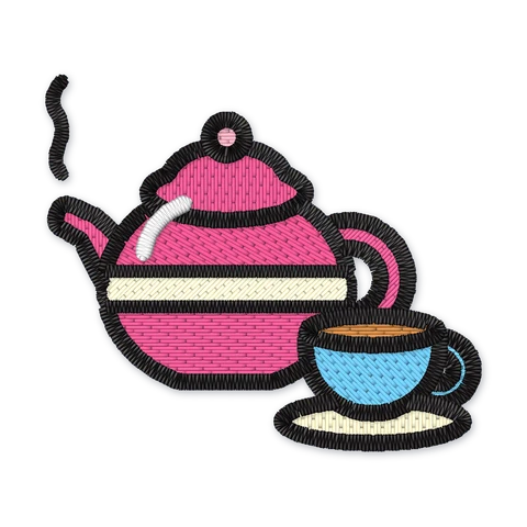 Embroidery design of a pink teapot with steam beside a blue teacup of tea on a saucer