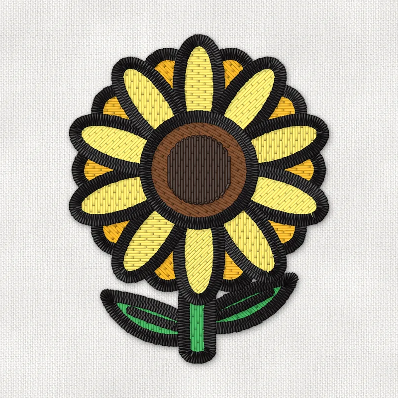 Stickdatei mit einer gelben Sonnenblume mit brauner Samenscheibe, grünem Stiel und zwei Blättern
