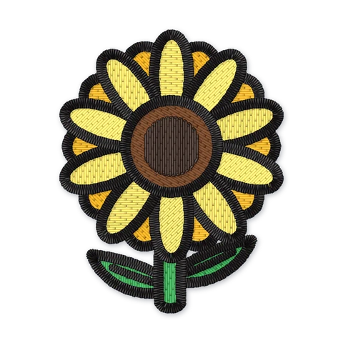 Embroidery design of a yellow sunflower with a brown seed centre, a green stem and two leaves