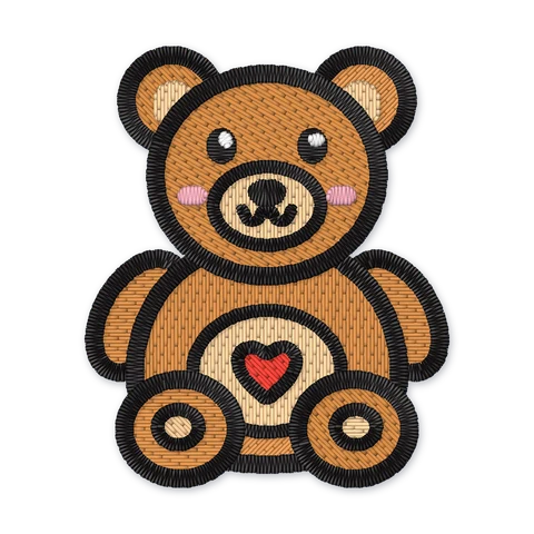 Embroidery design of a cute caramel teddy bear sitting with a red heart on its tummy