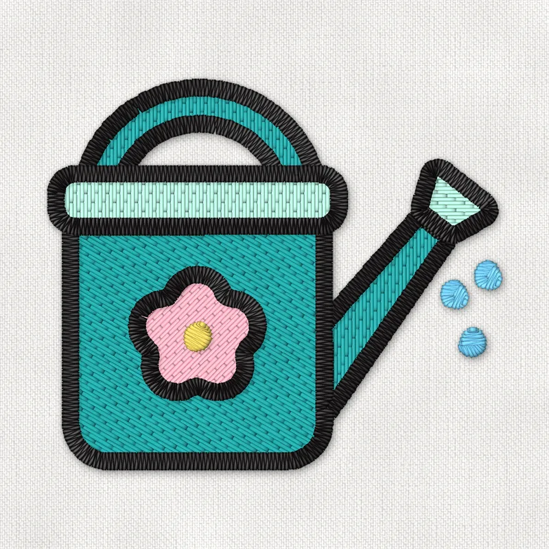 Ricamo a macchina di un annaffiatoio verde petrolio decorato con un fiore rosa che versa gocce d'acqua azzurre