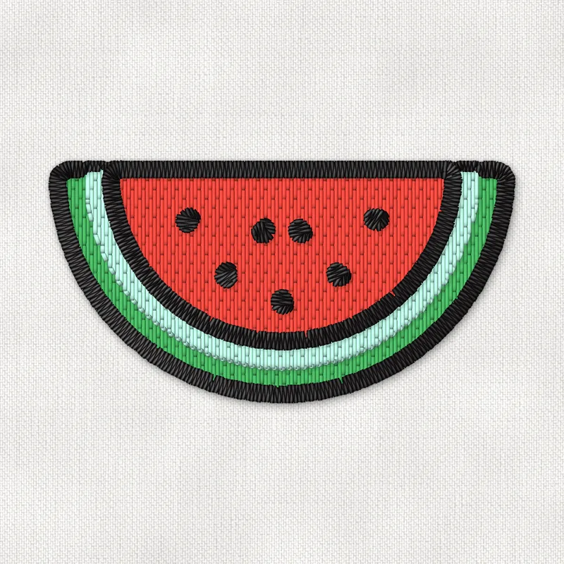 Diseño de bordado de un trozo de sandía en forma de media luna con corteza verde, pulpa roja y semillas negras
