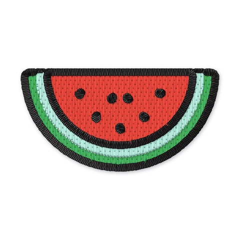 Embroidery design of a half-moon watermelon slice with green rind, red flesh and black seeds
