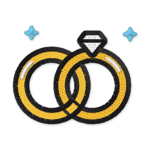 Embroidery design of two interlocking gold wedding rings with a diamond and blue sparkles